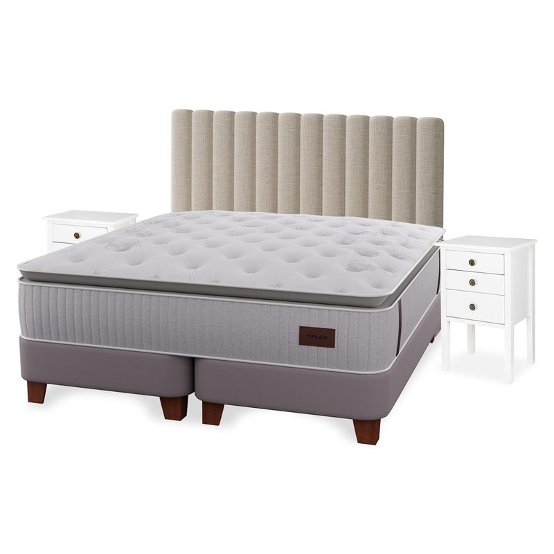 FLEX - Cama Europea Heritage 2 Plazas Box Bd + Respaldo Tubular + Veladores Roma Flex
