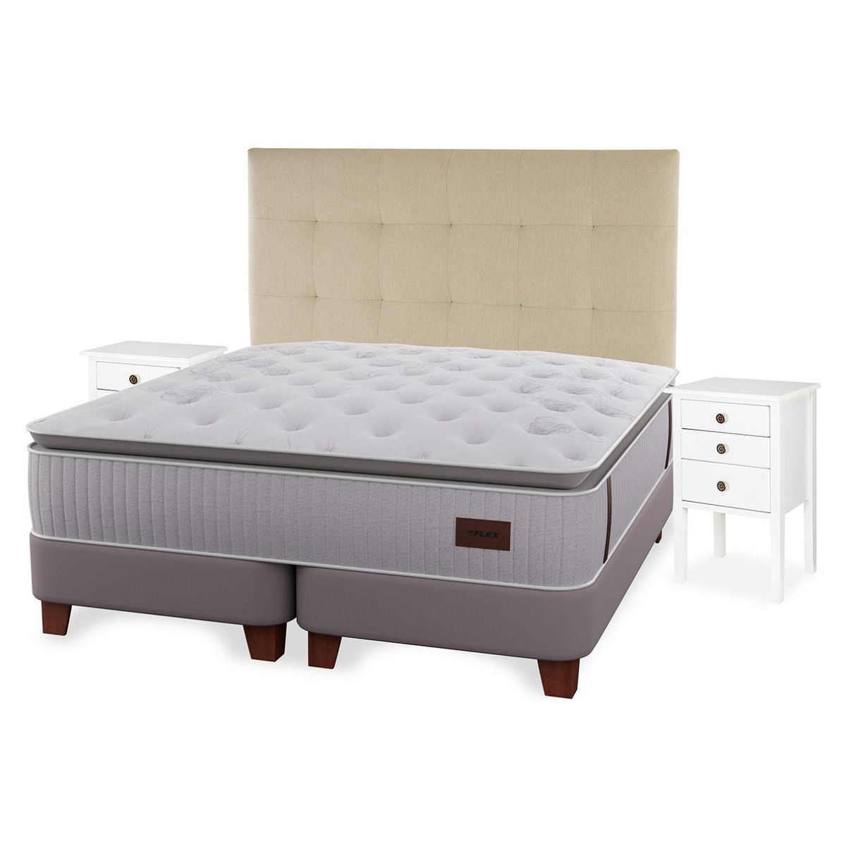 FLEX - Cama Europea Heritage Super King x 2.00mt Base Dividida + Respaldo + 2 Veladores Flex