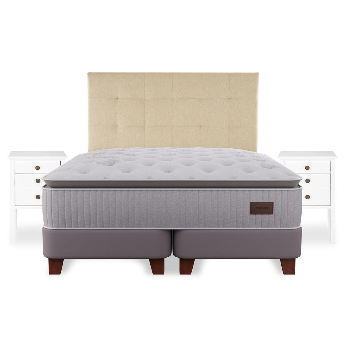 FLEX - Cama Europea Heritage Super King x 2.00mt Base Dividida + Respaldo + 2 Veladores Flex