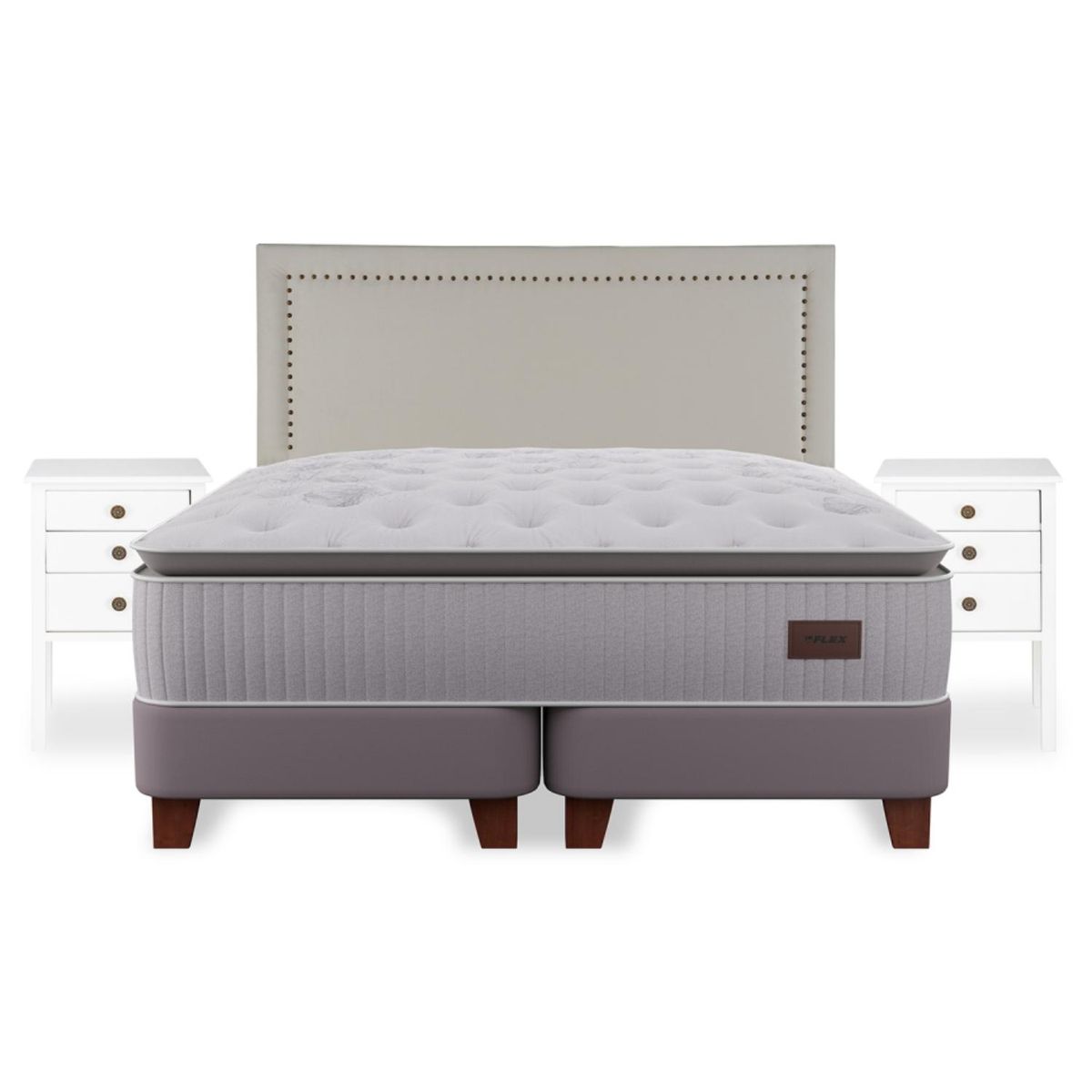 FLEX - Cama Europea Heritage King + Respaldo Tachas + Veladores Roma Flex