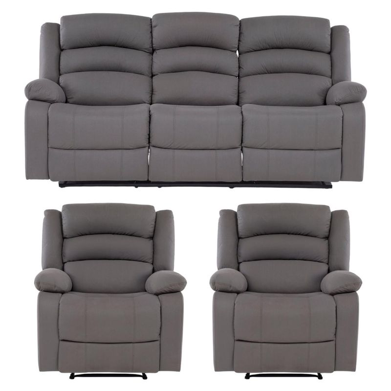 DANIELS - Sofá 3 Cuerpos + 2 Berger Reclinables Tela Praga Gris Daniels