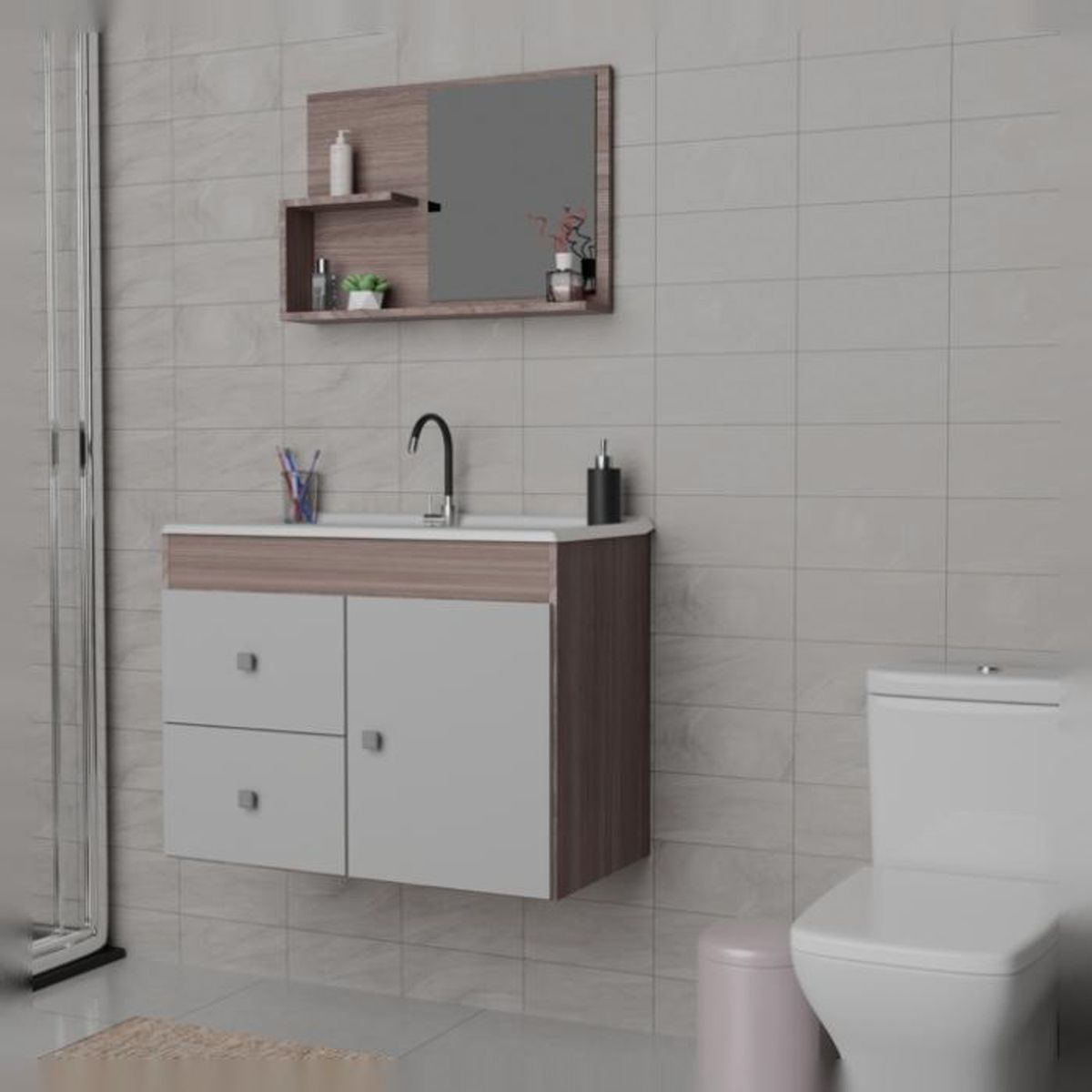 MOBILFRANK - Mueble Baño con Lavamanos 1 Puerta 2 Cajones Café Blanco Mobilfrank
