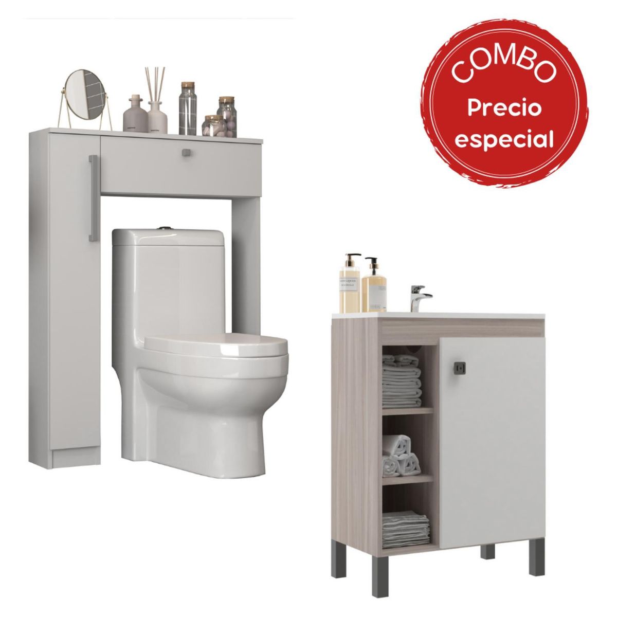 MOBILFRANK - Combo Mueble Baño con Lavamanos 1 Puerta 3 Nichos + Organizador Baño WC Café Blanco Mobilfrank