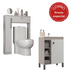 MOBILFRANK - Combo Mueble Baño con Lavamanos 1 Puerta 3 Nichos + Organizador Baño WC Café Blanco