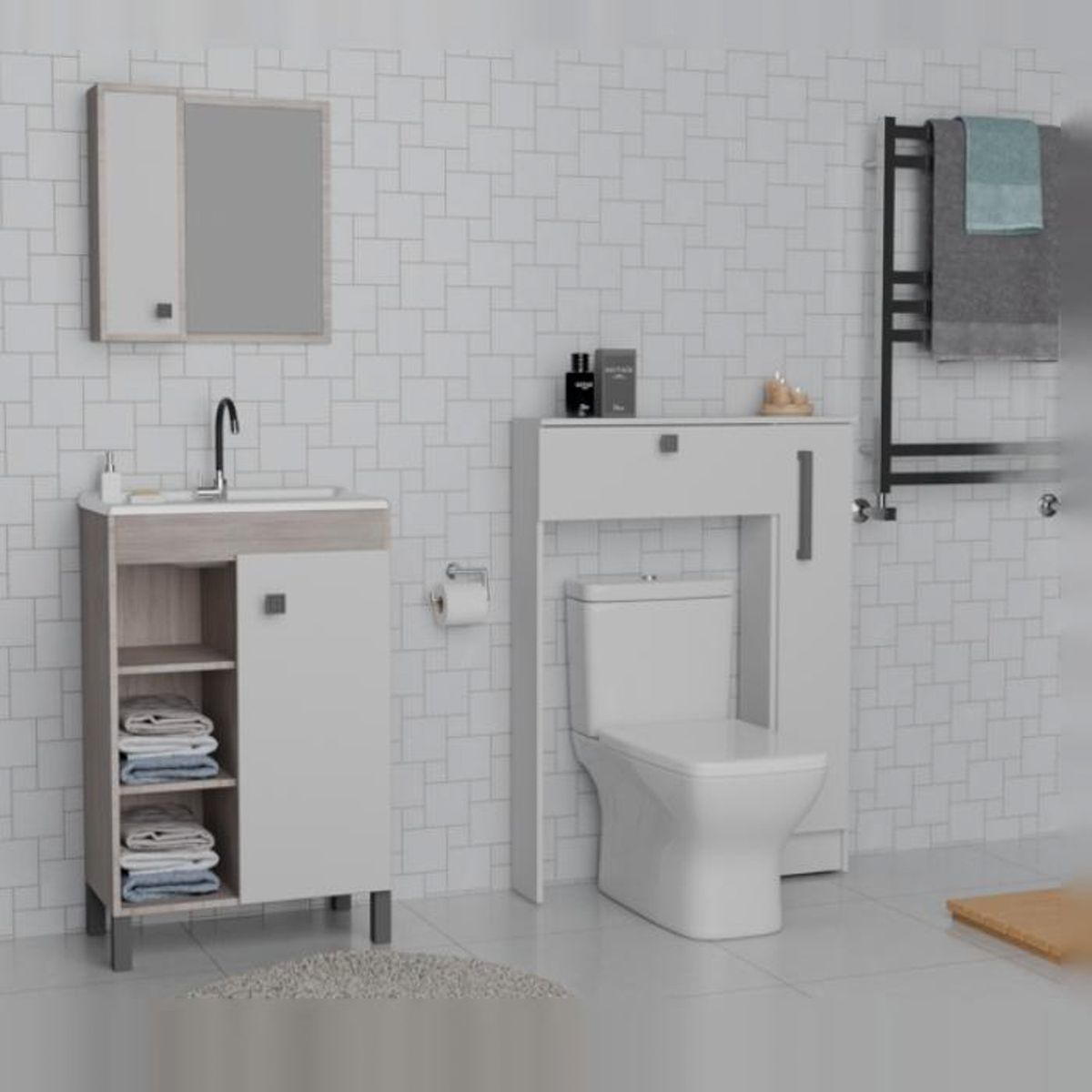 MOBILFRANK - Combo Mueble Baño con Lavamanos 1 Puerta 3 Nichos + Organizador Baño WC Café Blanco Mobilfrank