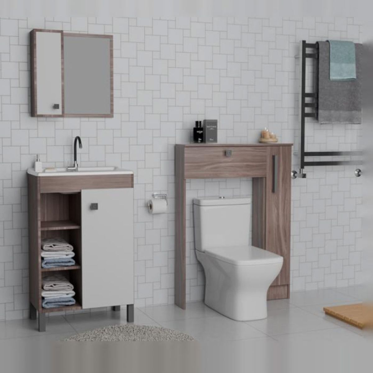 MOBILFRANK - Combo Mueble Baño con Lavamanos 1 Puerta 3 Nichos + Organizador Baño WC Café Mobilfrank