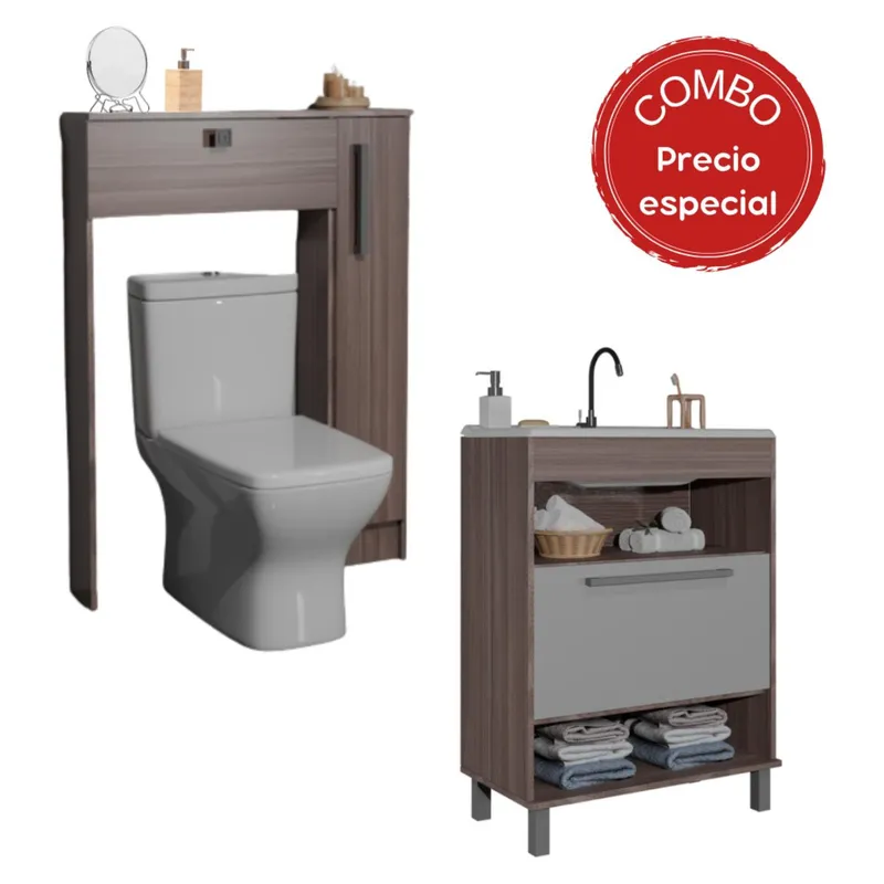 MOBILFRANK - Combo Mueble Baño con Lavamanos 1 Puerta 2 Nichos + Organizador Baño WC Café Mobilfrank