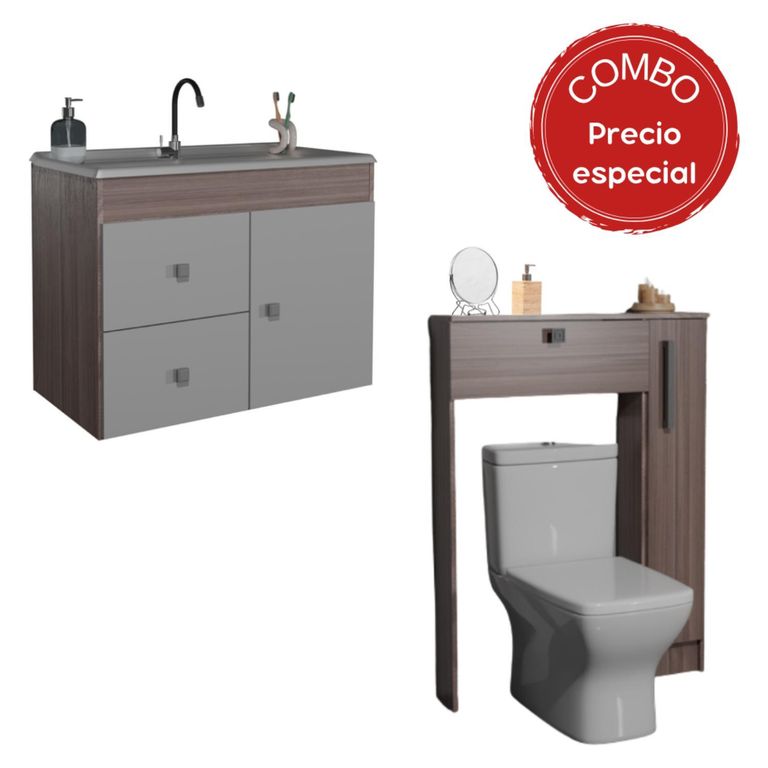MOBILFRANK Combo Mueble Baño con Lavamanos 1 Puerta 2 Cajones Café + Organizador Baño WC Blanco