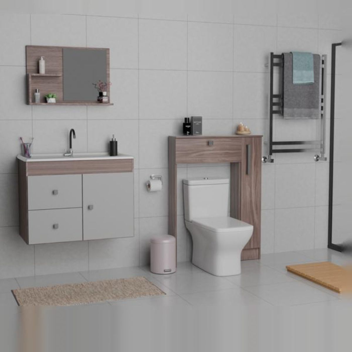 MOBILFRANK - Combo Mueble Baño con Lavamanos 1 Puerta 2 Cajones Café + Organizador Baño WC Blanco Mobilfrank
