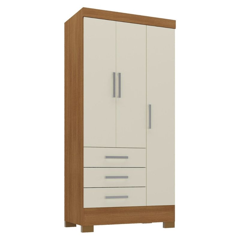MOBILFRANK - Combo Closet 3 Puertas, Cómoda 5 Cajones, Velador 1 Cajón Colores Canela y Blanco Off White Mobilfrank