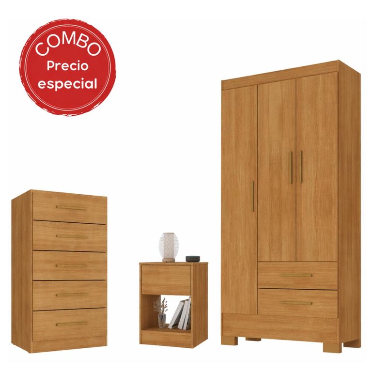 MOBILFRANK Combo Clóset 3 Puertas, Cómoda 5 Cajones, Velador 1 Cajón Color Canela