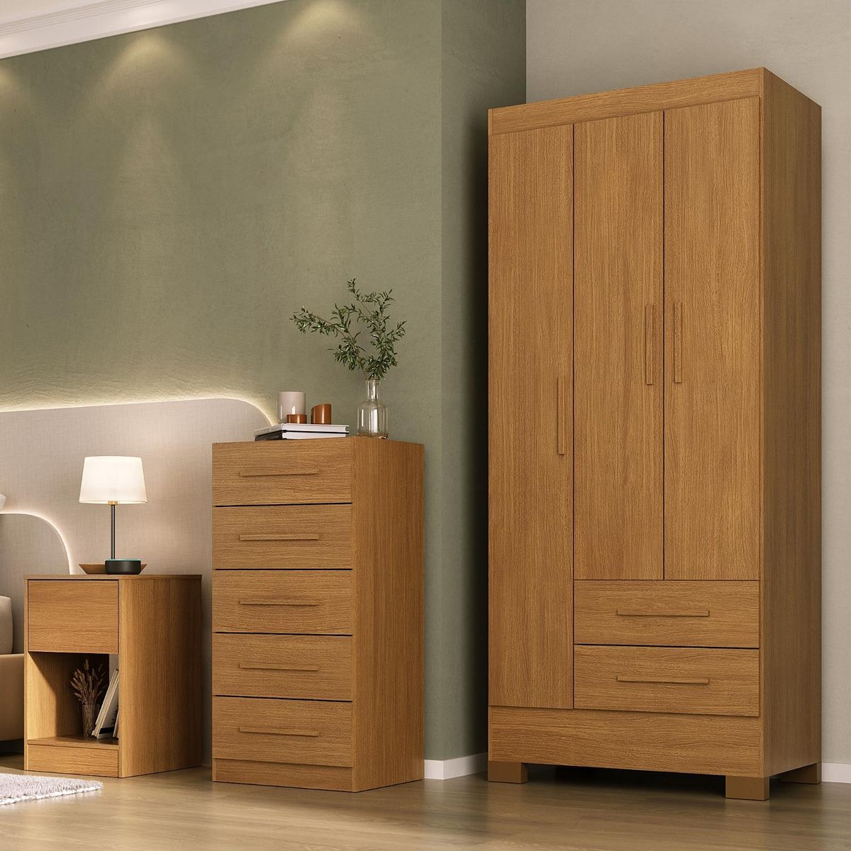MOBILFRANK - Combo Clóset 3 Puertas, Cómoda 5 Cajones, Velador 1 Cajón Color Canela Mobilfrank