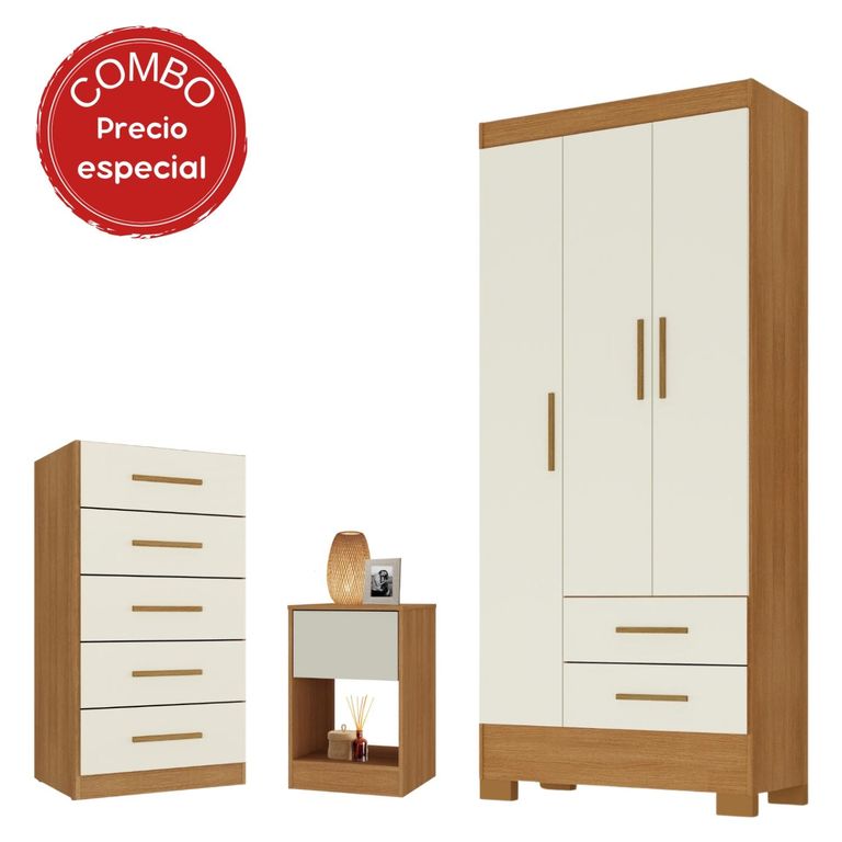 Combo Closet 3 Puertas, Cómoda 5 Cajones, Velador 1 Cajón Colores Canela y Blanco Off White