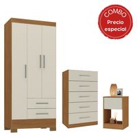 Combo Closet 3 Puertas, Cómoda 5 Cajones, Velador 1 Cajón Colores Canela y Blanco Off White