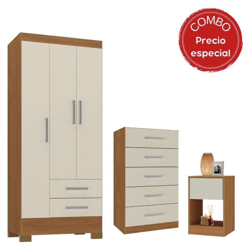 MOBILFRANK - Combo Closet 3 Puertas, Cómoda 5 Cajones, Velador 1 Cajón Colores Canela y Blanco Off White Mobilfrank