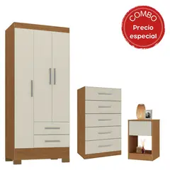 MOBILFRANK - Combo Closet 3 Puertas, Cómoda 5 Cajones, Velador 1 Cajón Colores Canela y Blanco Off White