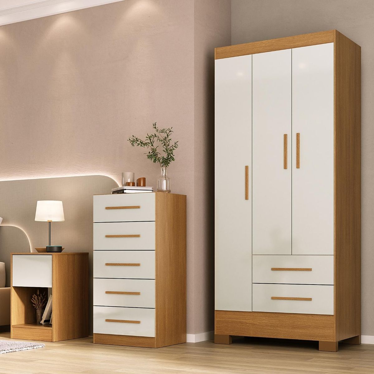 MOBILFRANK - Combo Closet 3 Puertas, Cómoda 5 Cajones, Velador 1 Cajón Colores Canela y Blanco Off White Mobilfrank