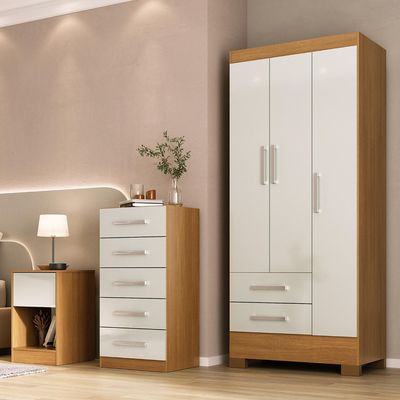 Imagen 2 del producto Combo Closet 3 Puertas, Cómoda 5 Cajones, Velador 1 Cajón Colores Canela y Blanco Off White