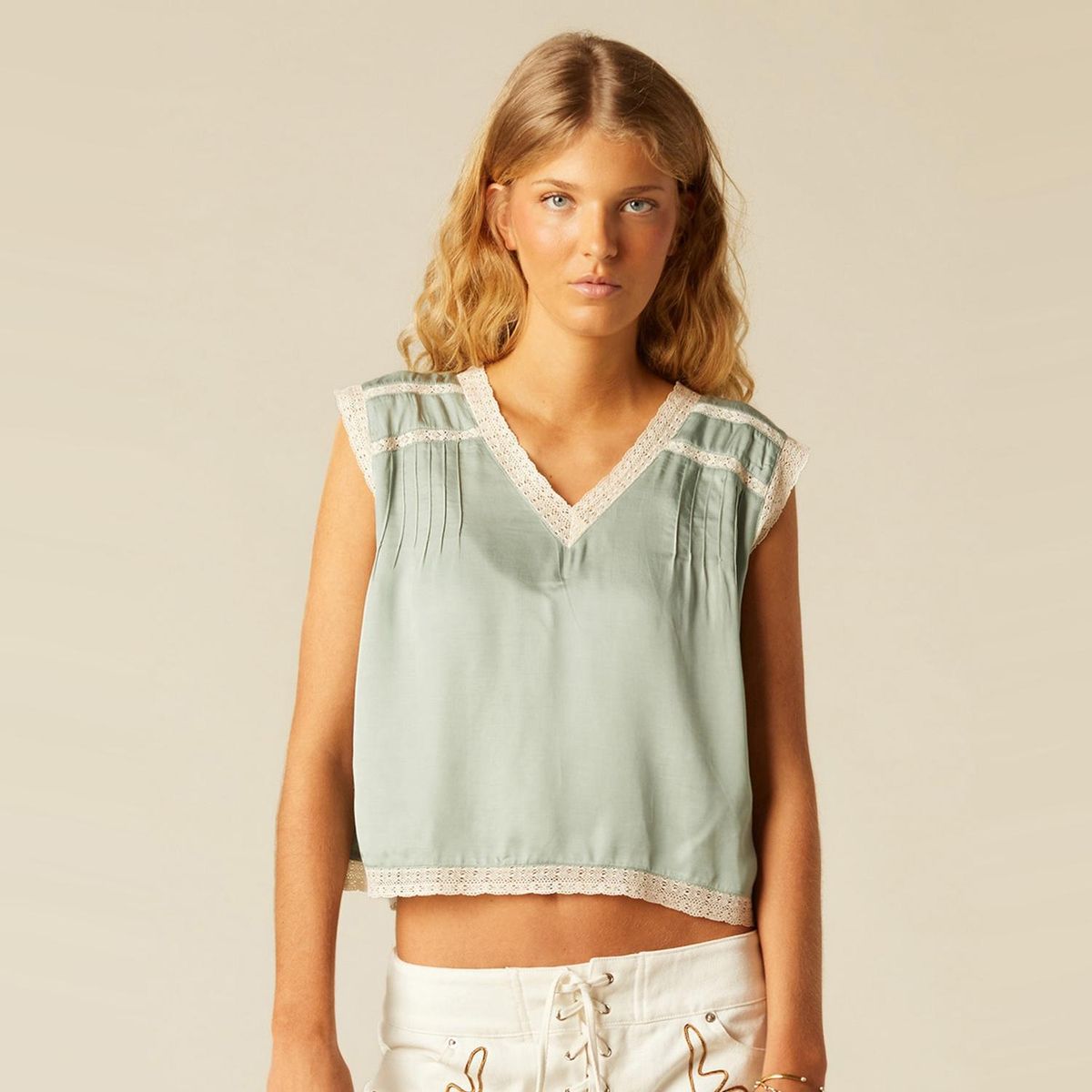 NICOLI - Top Satinado Encajes Verde Mujer Nicoli