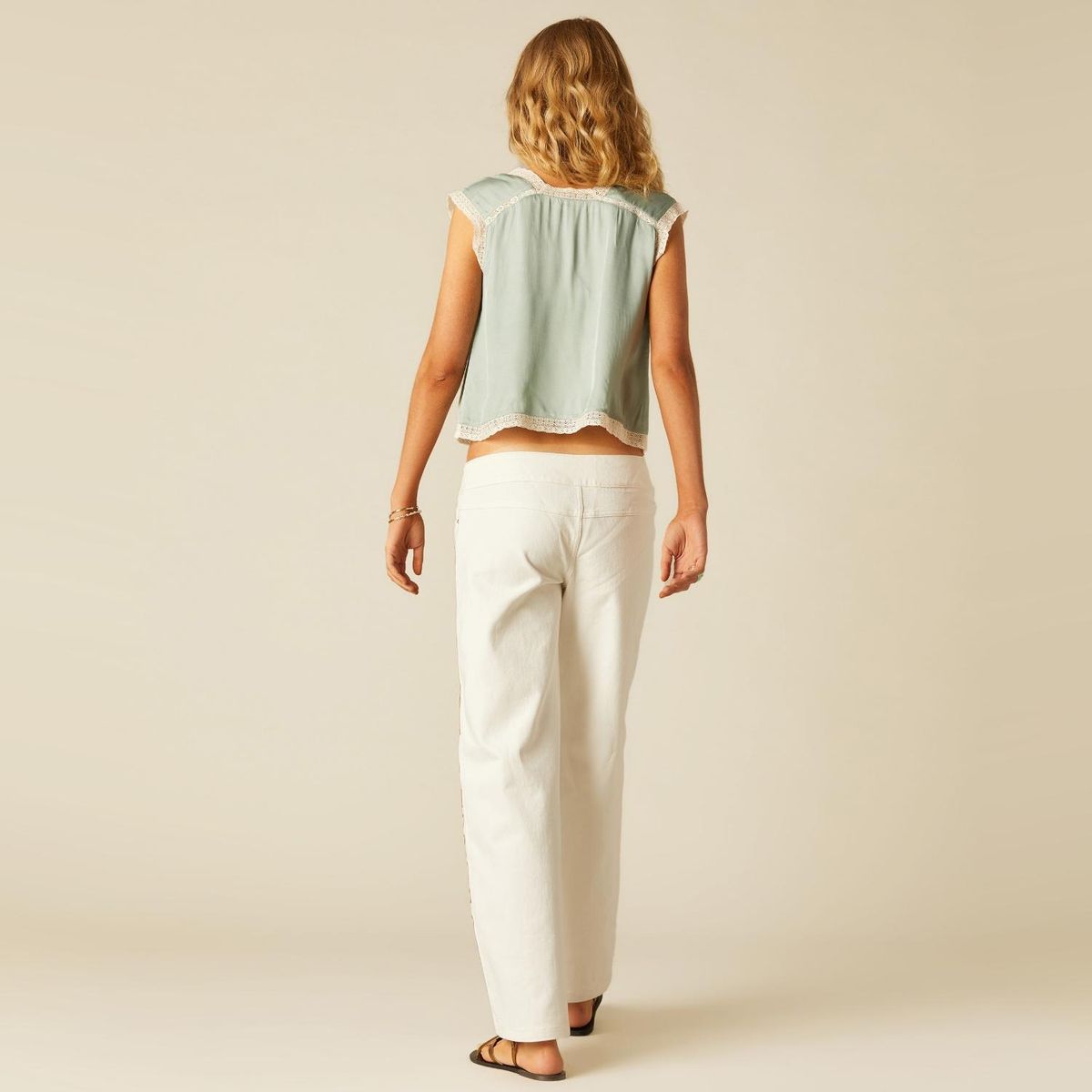 NICOLI - Top Satinado Encajes Verde Mujer Nicoli