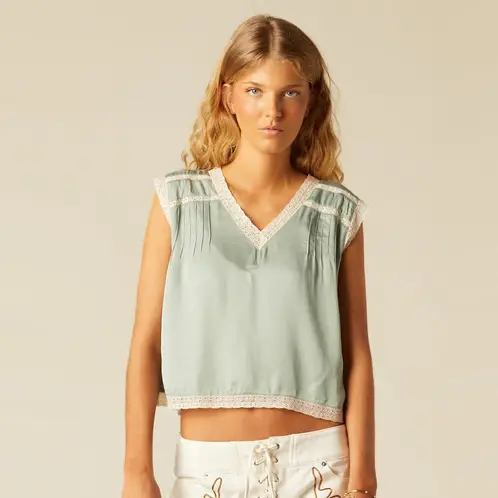 NICOLI - Top Satinado Encajes Verde Mujer
