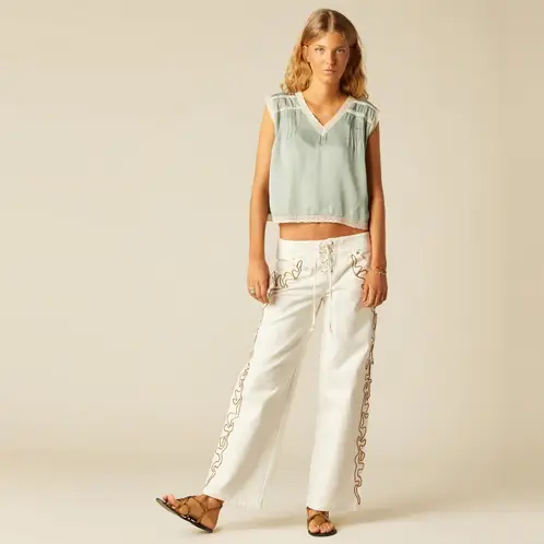 NICOLI - Jeans Blanco Tira Bordados Mujer