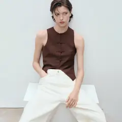MANGO - Chaleco Traje Mezcla Lino Mujer