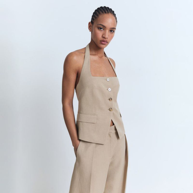 MANGO - Chaleco Traje Mezcla Lino Mujer Mango