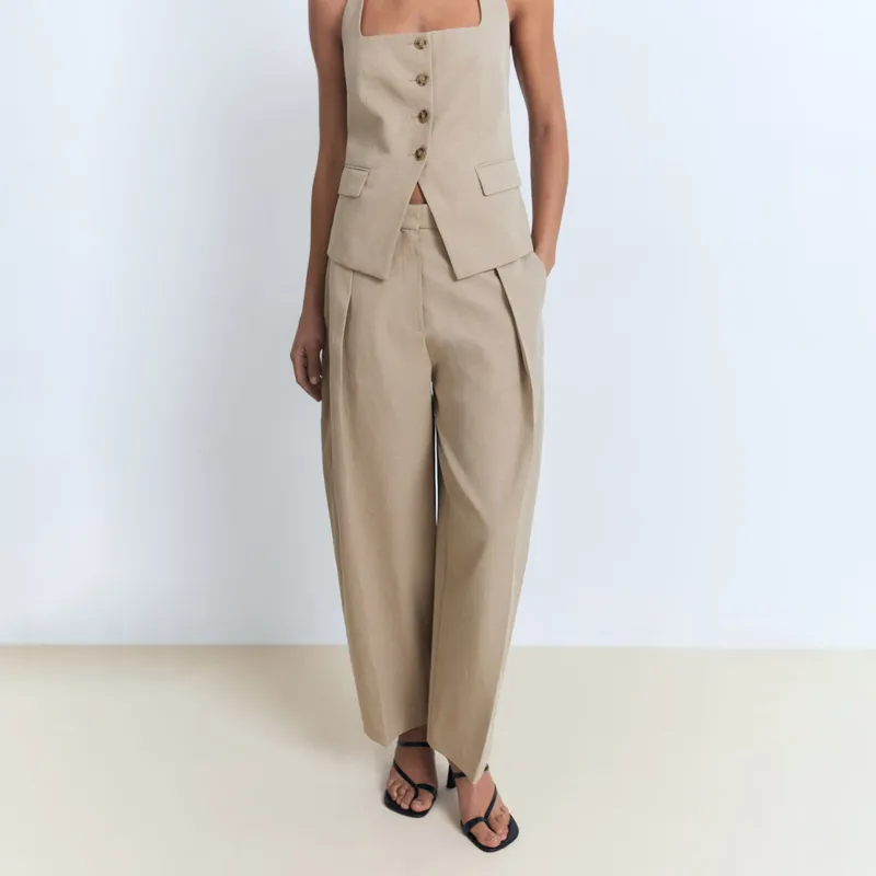 MANGO - Pantalón Traje Mezcla Lino Balloon Mujer Mango