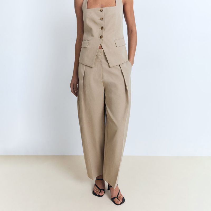 MANGO - Pantalón Traje Mezcla Lino Balloon Mujer Mango