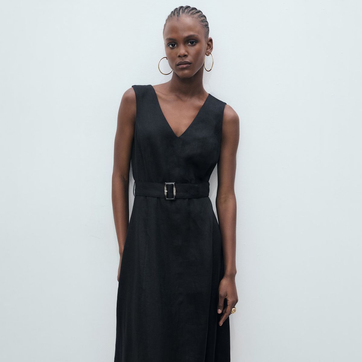 MANGO - Vestido Evasé Lino Cinturón Mujer Mango