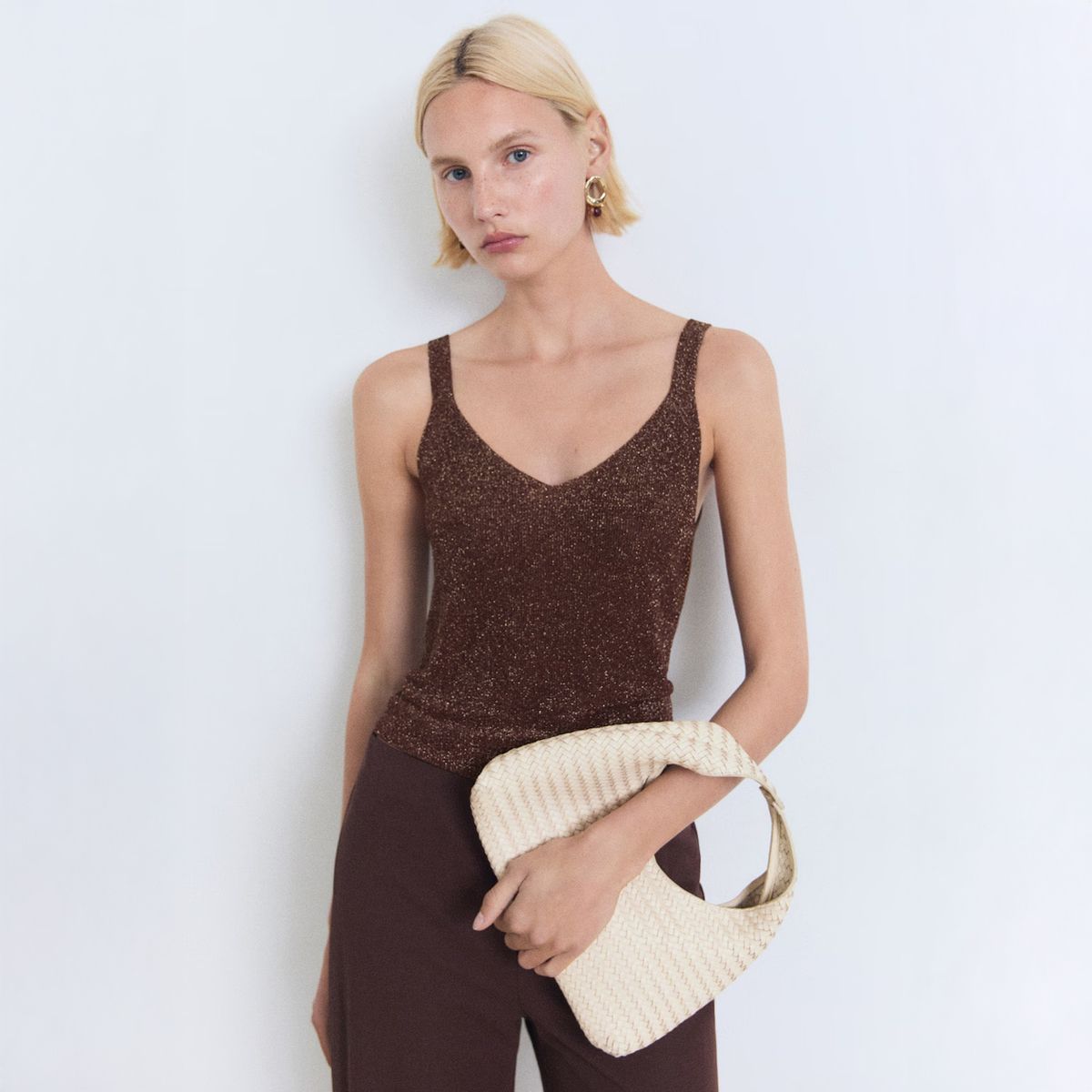 MANGO - Polera Punto Lúrex Cuello Pico Mujer Mango