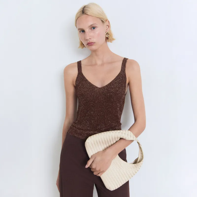 MANGO - Top Punto Lúrex Cuello Pico Mujer Mango