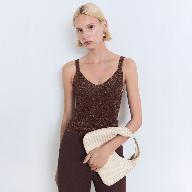 MANGO - Top Punto Lúrex Cuello Pico Mujer Mango