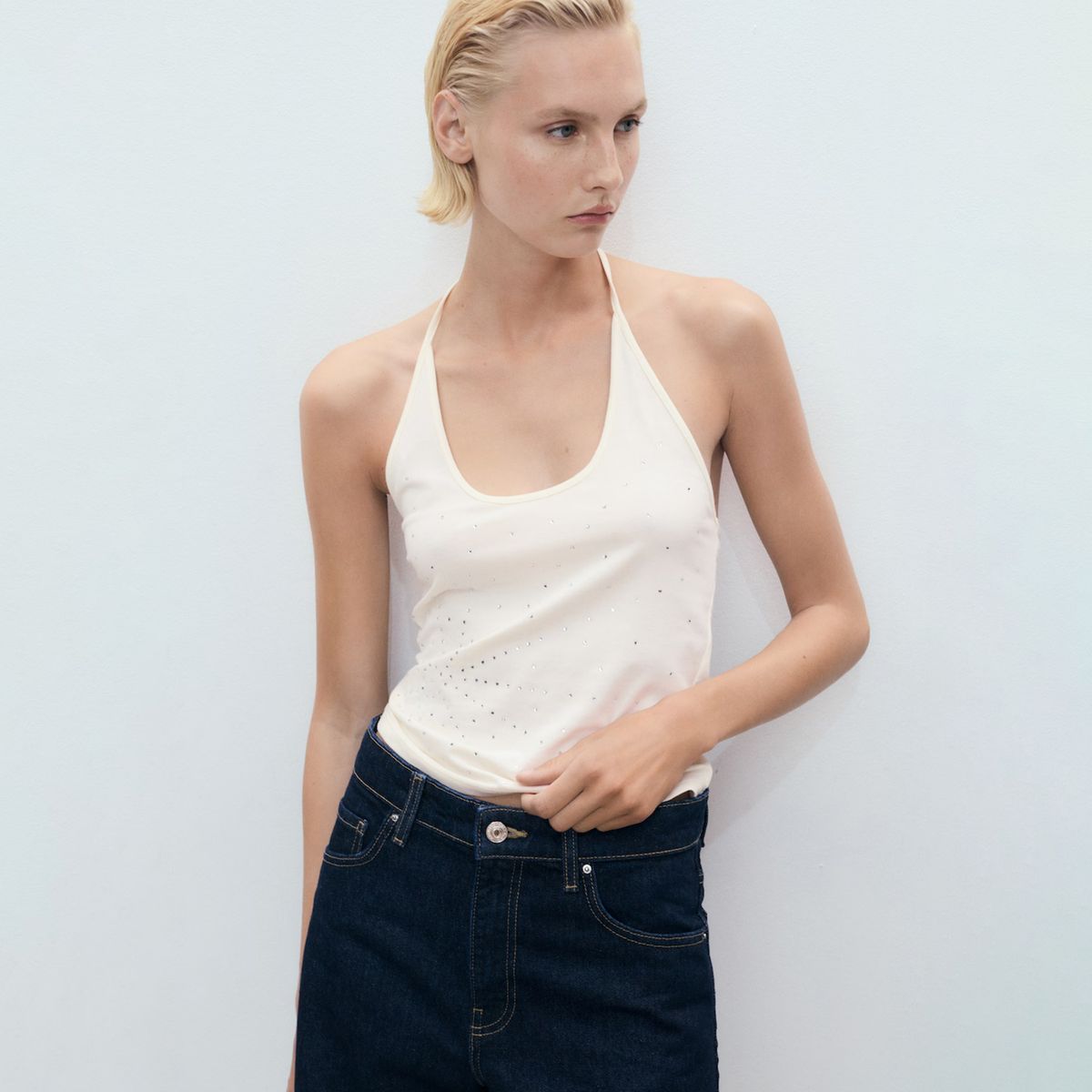 MANGO - Top Escote Halter Apliques Metálicos Mujer Mango