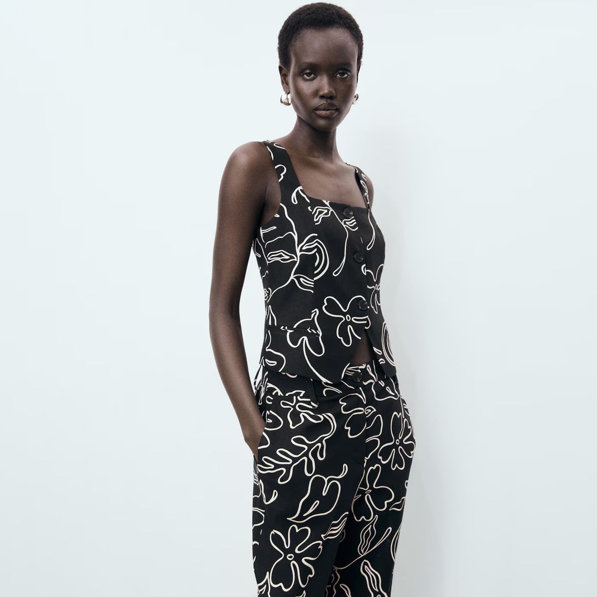 MANGO - Vest Traje Lino Estampado Floral Mujer Mango