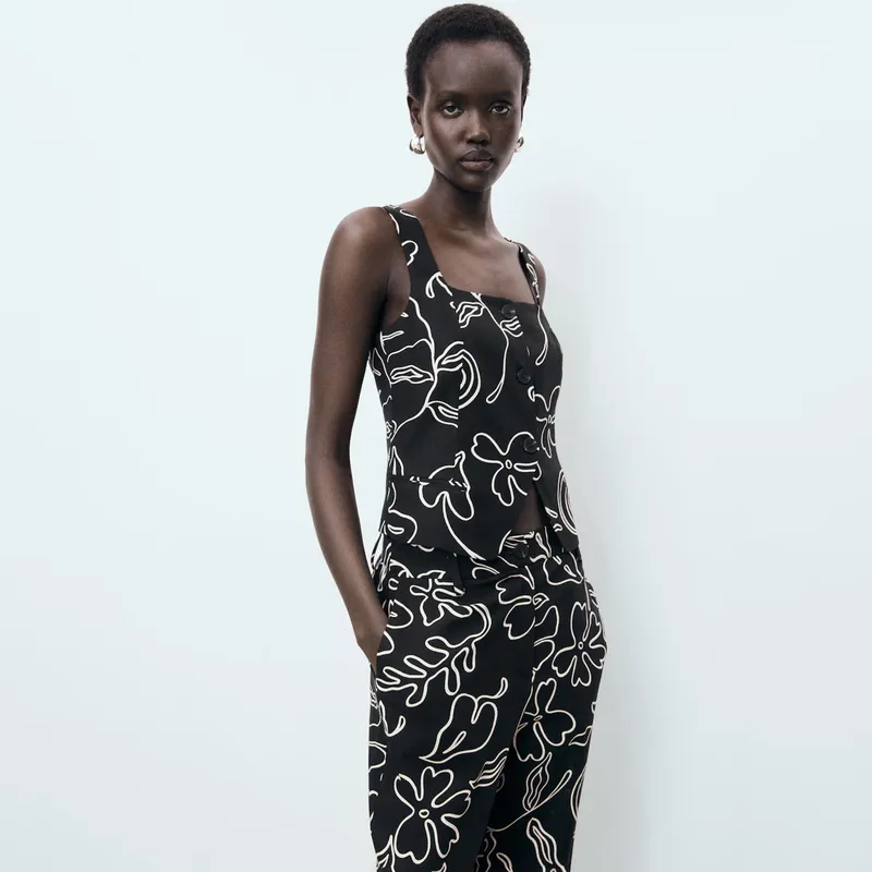 MANGO - Vest Traje Lino Estampado Floral Mujer Mango