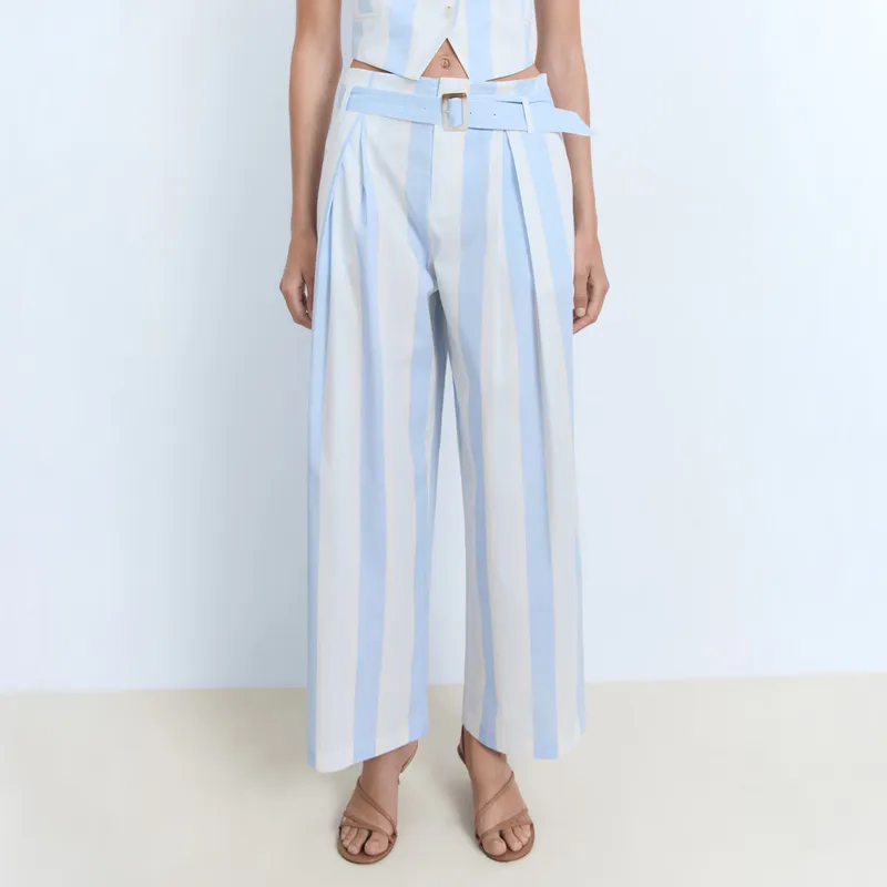 MANGO - Pantalón Culotte Rayas Cinturón Mujer Mango