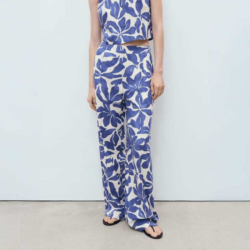 MANGO - Pantalón Mezcla Lino Estampado Mujer Mango