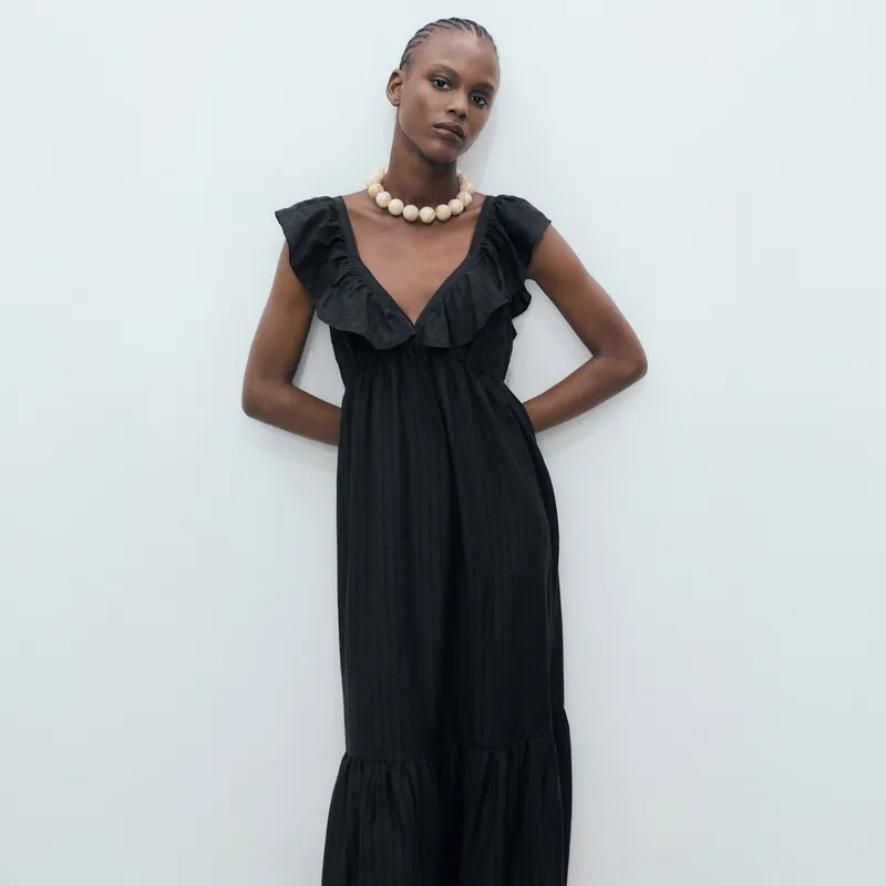 MANGO - Vestido Largo Escote Volante Mujer Mango