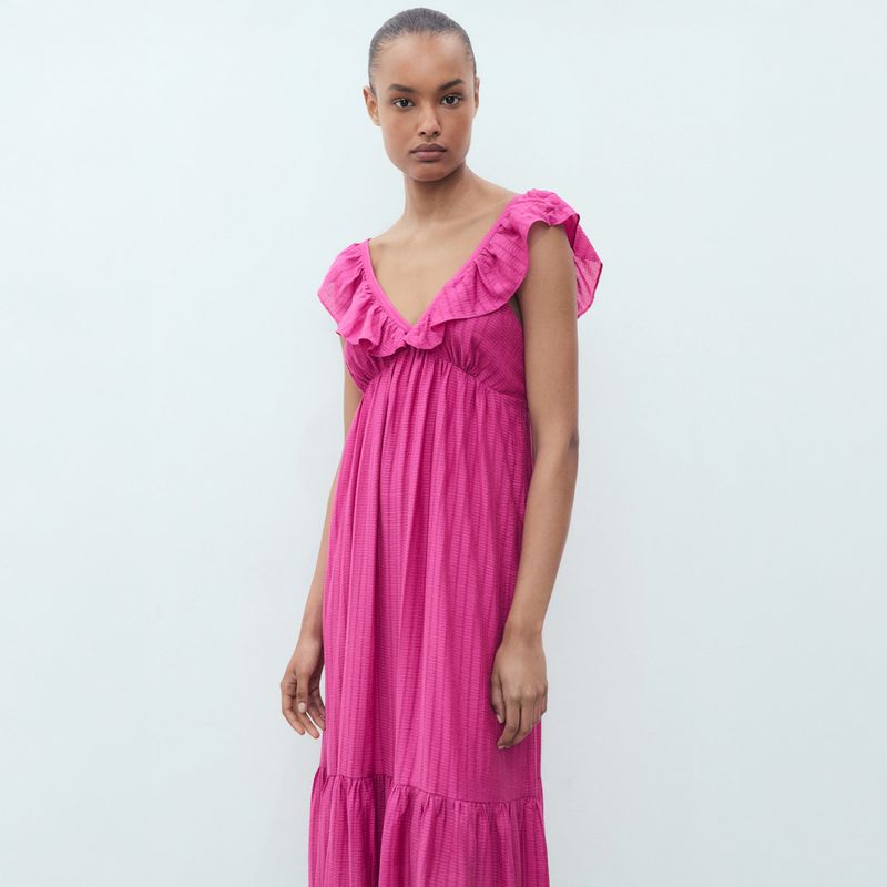 MANGO - Vestido Largo Escote Volante Mujer Mango