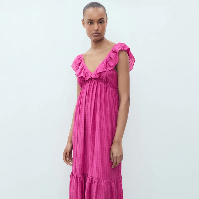 MANGO - Vestido Largo Escote Volante Mujer Mango