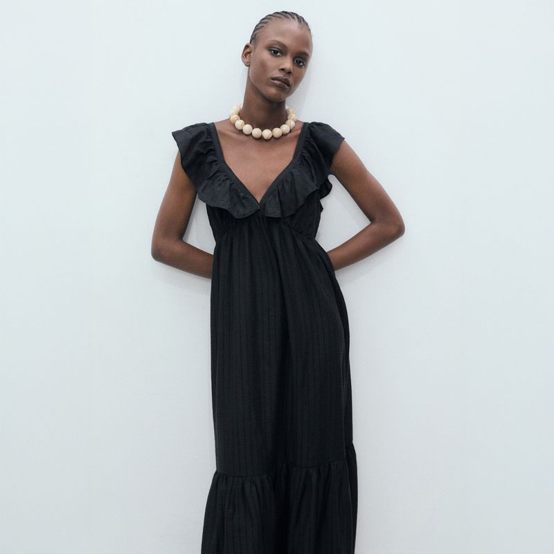 MANGO - Vestido Largo Escote Volante Mujer Mango