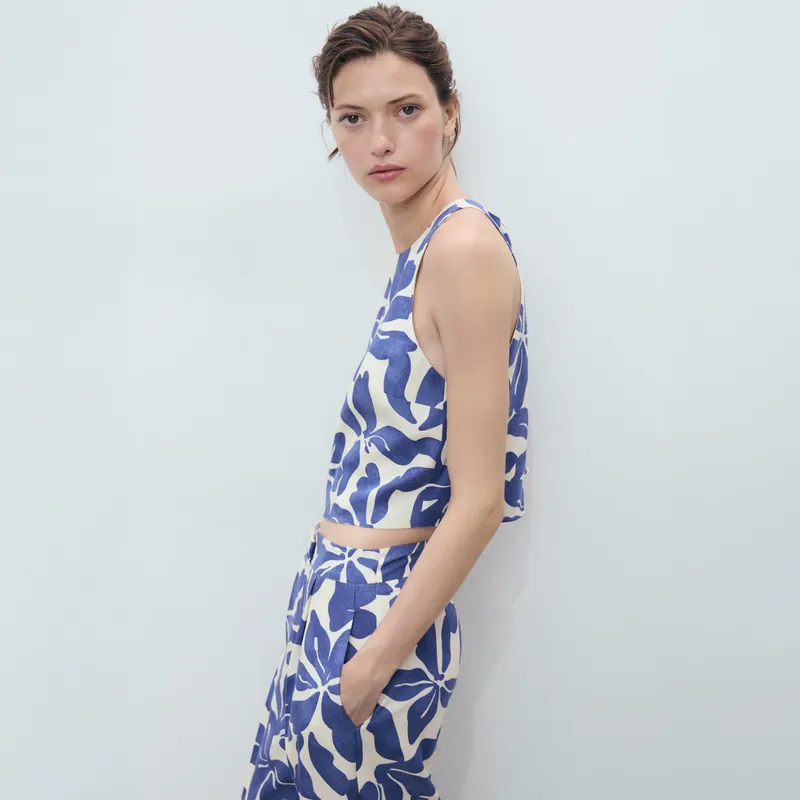 MANGO - Top Mezcla Lino Estampado Mujer Mango