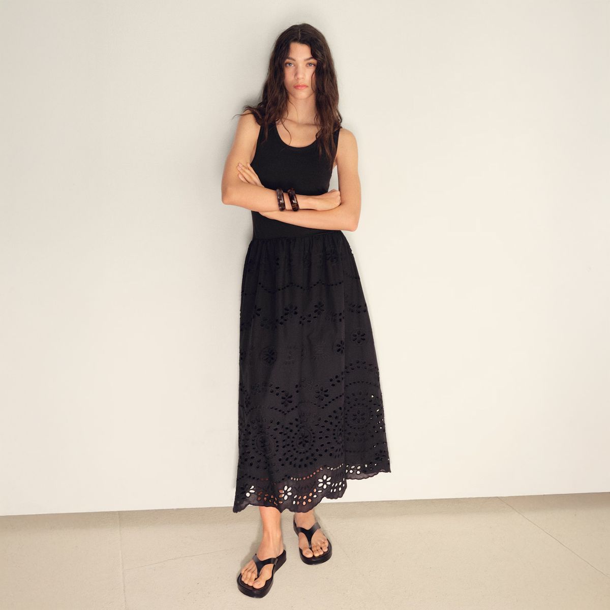 MANGO - Vestido Combinado Bordados Calados Mujer Mango