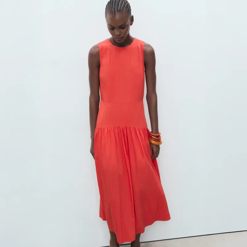 MANGO - Vestido Largo Bajo Frunces Mujer Mango