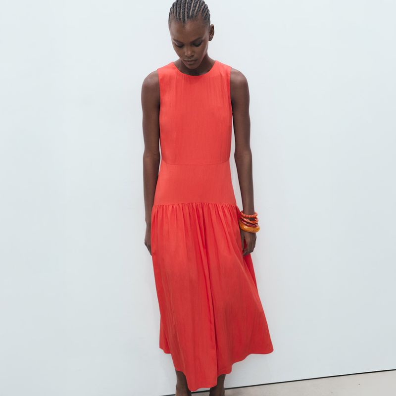 MANGO - Vestido Largo Bajo Frunces Mujer Mango