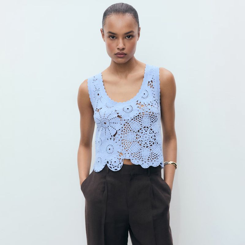 MANGO - Top Crochet Flores Mujer Mango