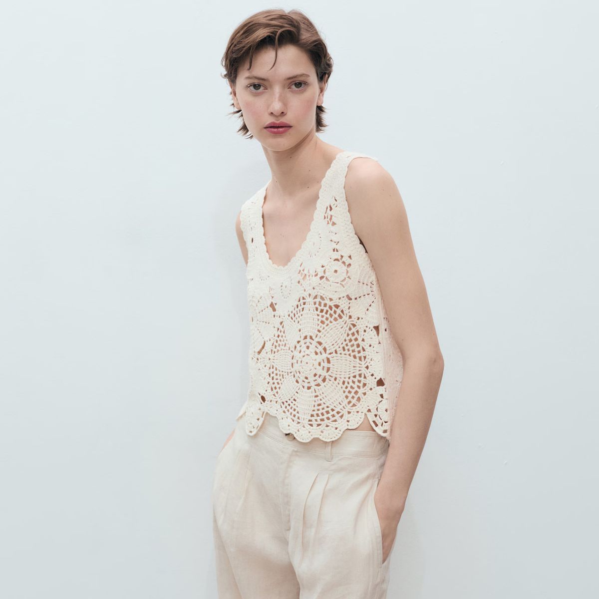 MANGO - Top Crochet Flores Mujer Mango