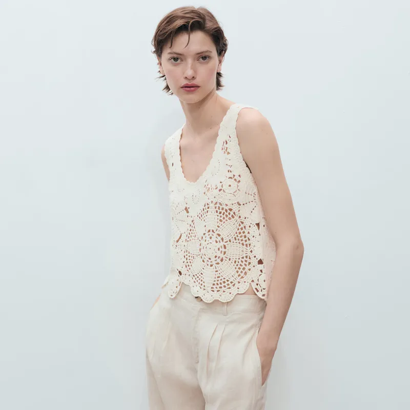 MANGO - Top Crochet Flores Mujer Mango